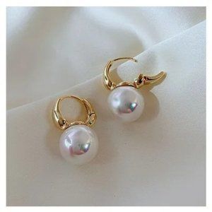 Pearl and Gold Huggie Drop Earrings
